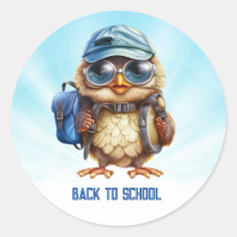 Adesivo Redondo Wise Owl com a mochila azul, chapéus e uma pálpebr