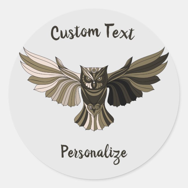 Adesivo Redondo Wise Owl em Voo Brown Tan Personalizado Feito (Frente)