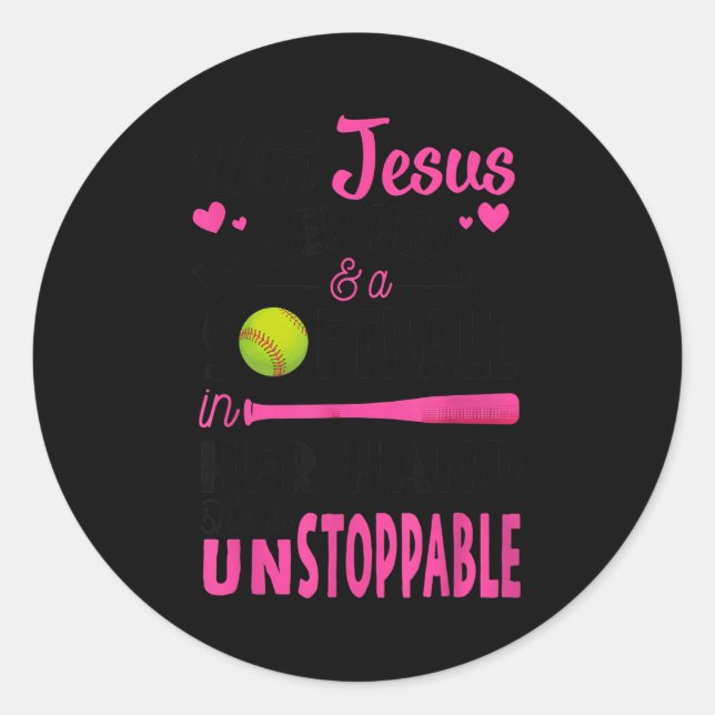 Adesivo Redondo With Jesus In Her Heart And A Softball She Is Unst (Frente)