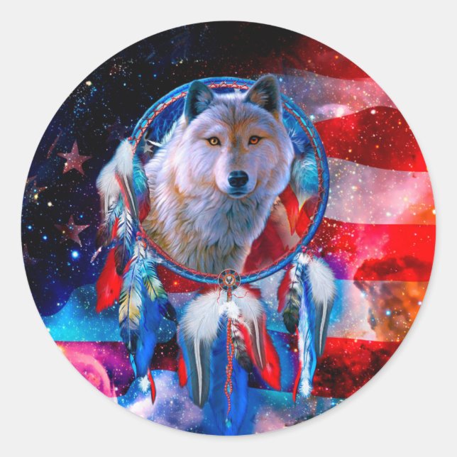 Adesivo Redondo Wolf and Dreamcatcher in american flag painting (Frente)