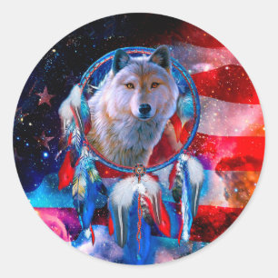 Adesivo Redondo Wolf e Dreamcatcher em pintura de bandeira america