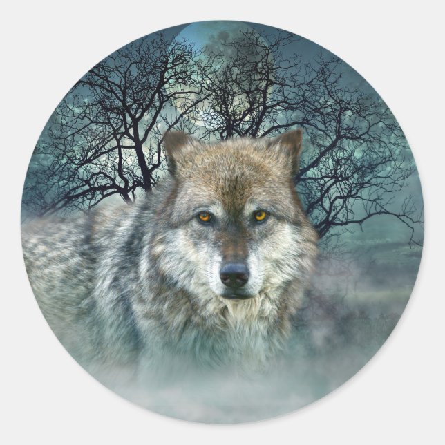Adesivo Redondo Wolf Full Moon em Fog (Frente)