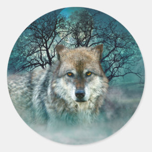 Adesivo Redondo Wolf Full Moon em Fog