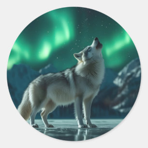 Adesivo Redondo Wolf Howling debaixo das luzes do Norte