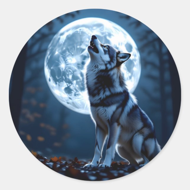 Adesivo Redondo Wolf Howling na lua (Frente)