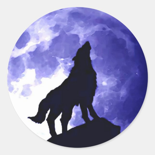 Adesivo Redondo Wolf Howling na Lua Azul da Lua (Frente)
