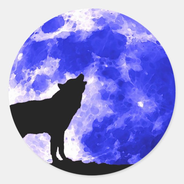 Adesivo Redondo Wolf Howling na noite azul da lua (Frente)