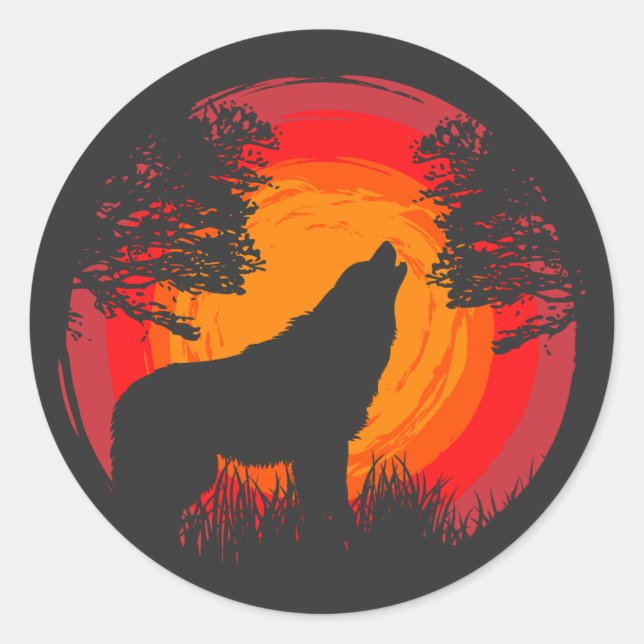 Adesivo Redondo Wolf Howling no Sol (Frente)