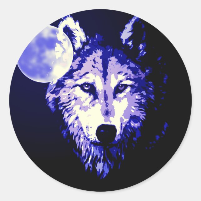 Adesivo Redondo Wolf & Moon Dark Blue Night Collage (Frente)