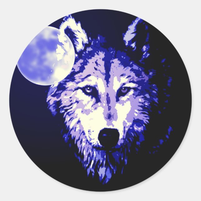 Adesivo Redondo Wolf & Moon Dark Blue Night Collage (Frente)
