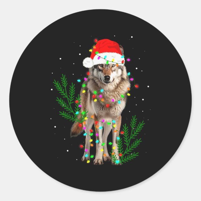 Adesivo Redondo Wolf Santa Hat Christmas Lights Wolf Lover Animal  (Frente)