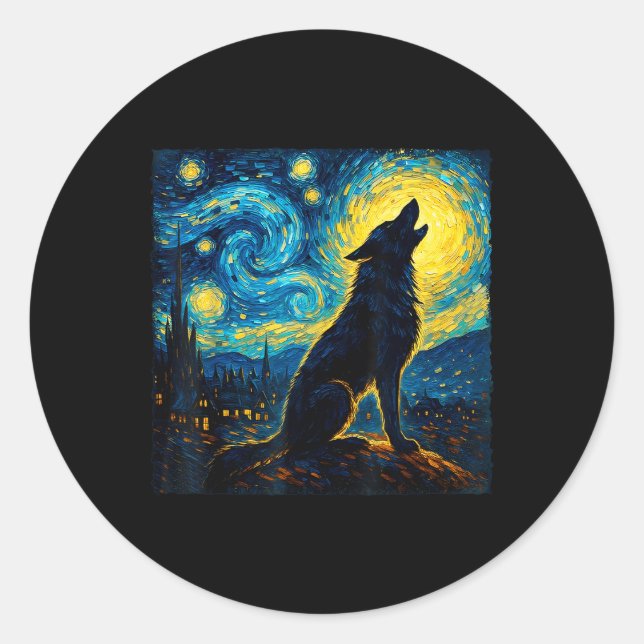 Adesivo Redondo Wolf Starry Night Howling Moon Engraçado Presente  (Frente)