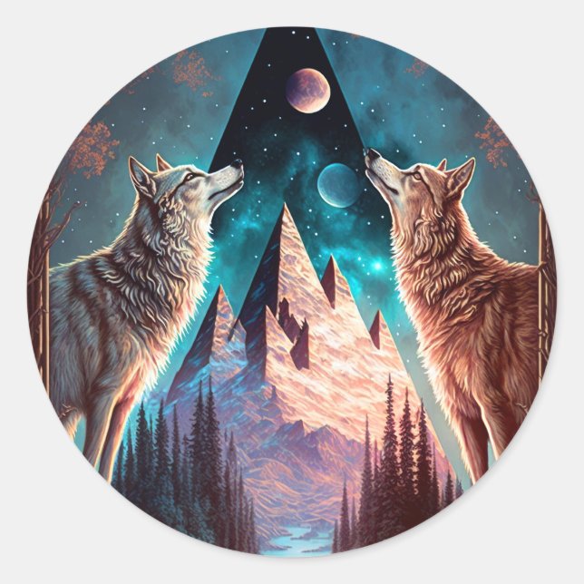 Adesivo Redondo Wolves Mountain Visionary Fantasy Art (Frente)