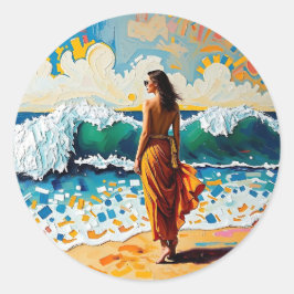 Adesivo Redondo Woman on Beach Abstract Seaside Art