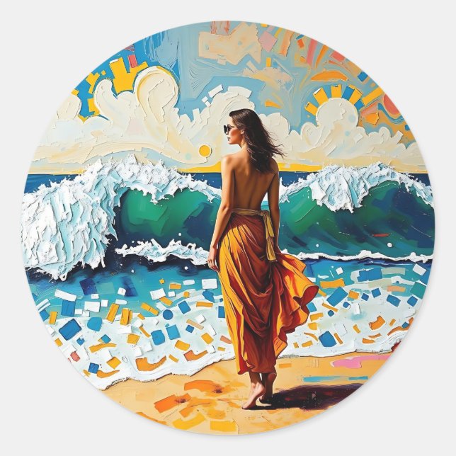 Adesivo Redondo Woman on Beach Abstract Seaside Art (Frente)