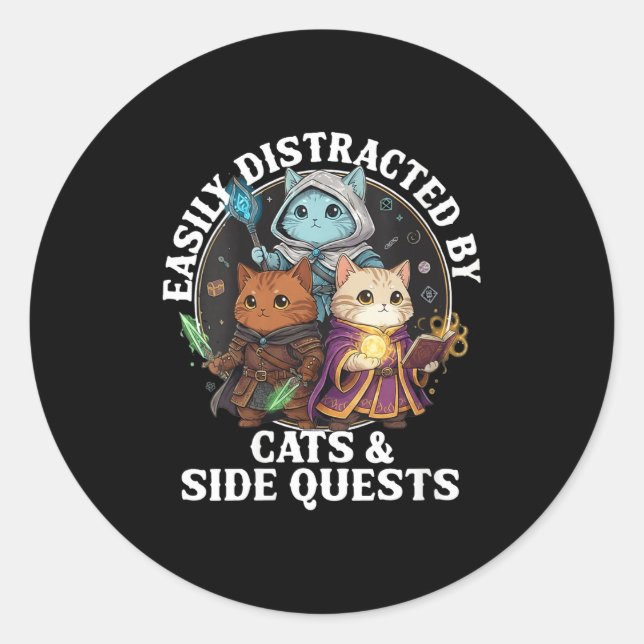 Adesivo Redondo Womens Cats Side Quest Distracted Tabletop Funny S (Frente)