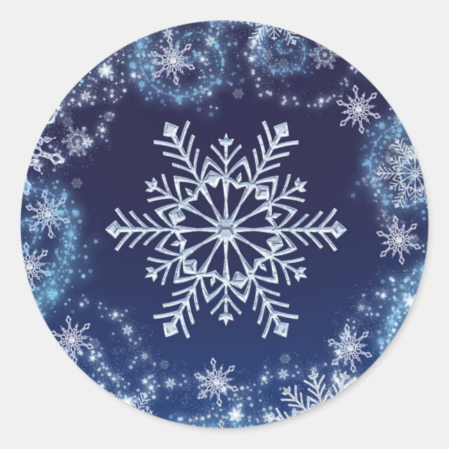 Adesivo Redondo Wonderland Blue & White Snowflakes Favor (Frente)