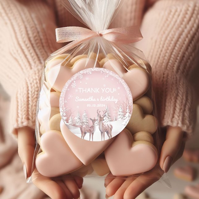 Adesivo Redondo Wonderland de inverno Obrigado | Rosa e Veado (Criador carregado)