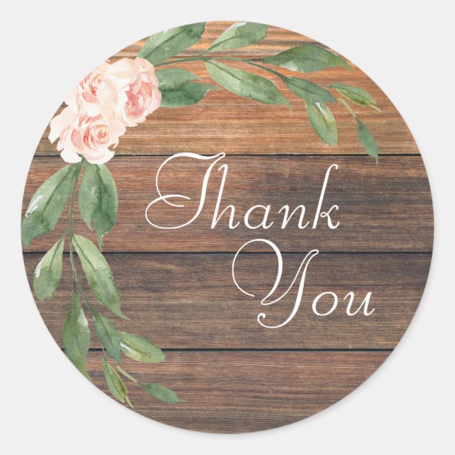 Adesivo Redondo Wood Grain Rustic Floral Obrigado Casamento (Frente)