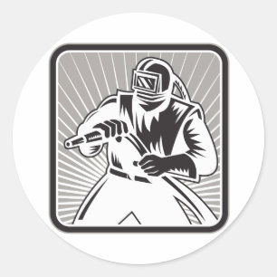 Adesivo Redondo Woodcut do dinamitador da areia do Sandblaster