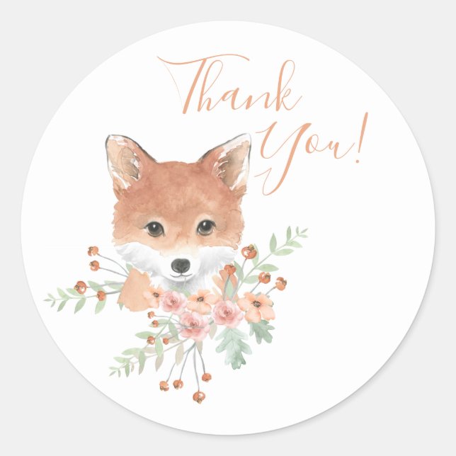 Adesivo Redondo Woodland Amigos Fox Floral Watercolor Obrigado (Frente)