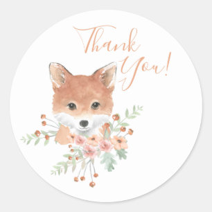 Adesivo Redondo Woodland Amigos Fox Floral Watercolor Obrigado
