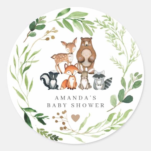Adesivo Redondo Woodland Animals Baby Shower  (Frente)