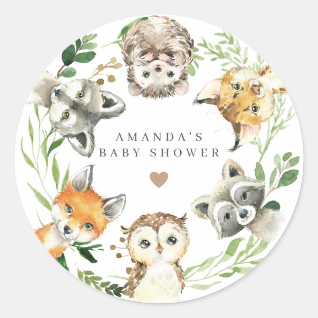 Adesivo Redondo Woodland Animals Baby Shower  (Frente)