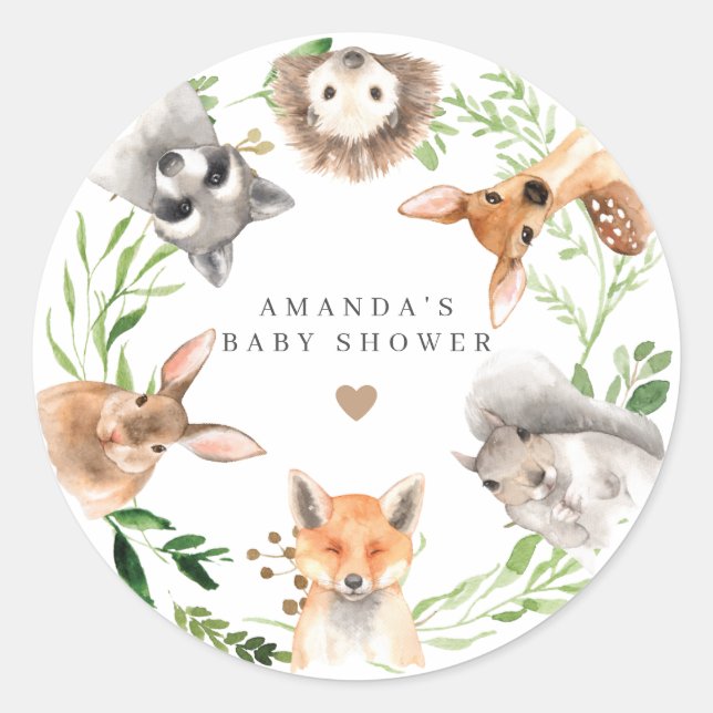 Adesivo Redondo Woodland Animals Baby Shower  (Frente)