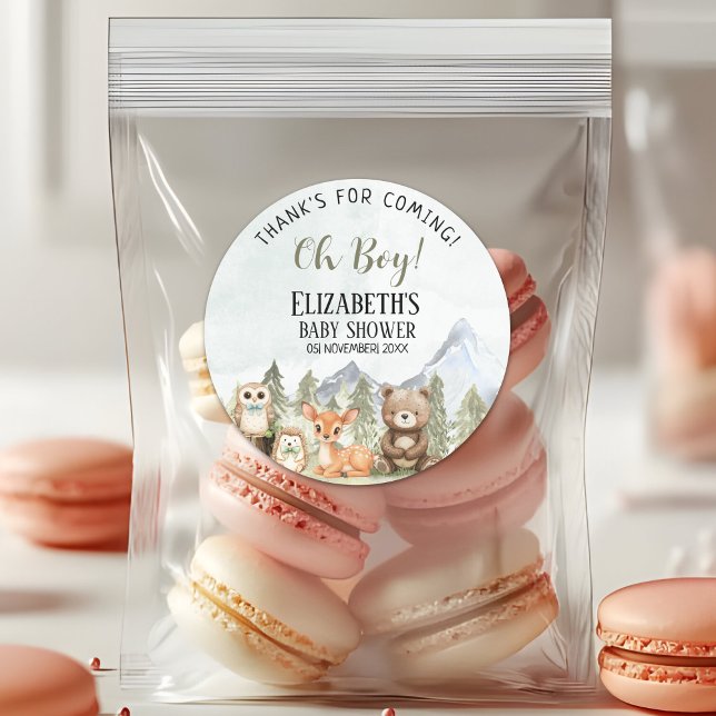 Adesivo Redondo Woodland Animals Baby Shower Boy Party (Criador carregado)