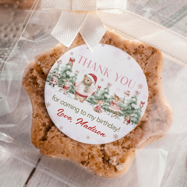 Adesivo Redondo Woodland Animals Pink Winter Forest Girl Birthday (Criador carregado)