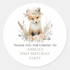 Adesivo Redondo Woodland Boho Fox Girl Birthday Personalizada