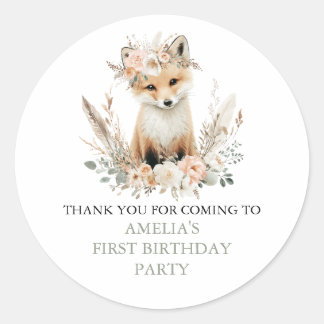 Adesivo Redondo Woodland Boho Fox Girl Birthday Personalizada