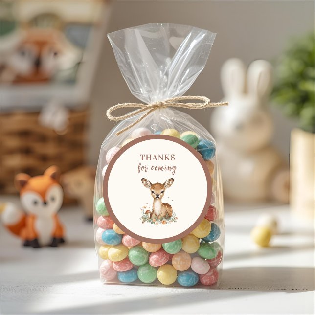 Adesivo Redondo Woodland Deer Birthday Rustic Obrigados para o Fut (Criador carregado)