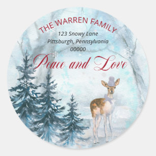 Adesivo Redondo Woodland Deer Snow Peace and Love Return Address