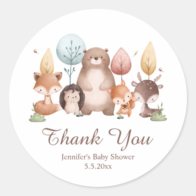 Adesivo Redondo woodland forest animals thank you baby shower cute (Frente)