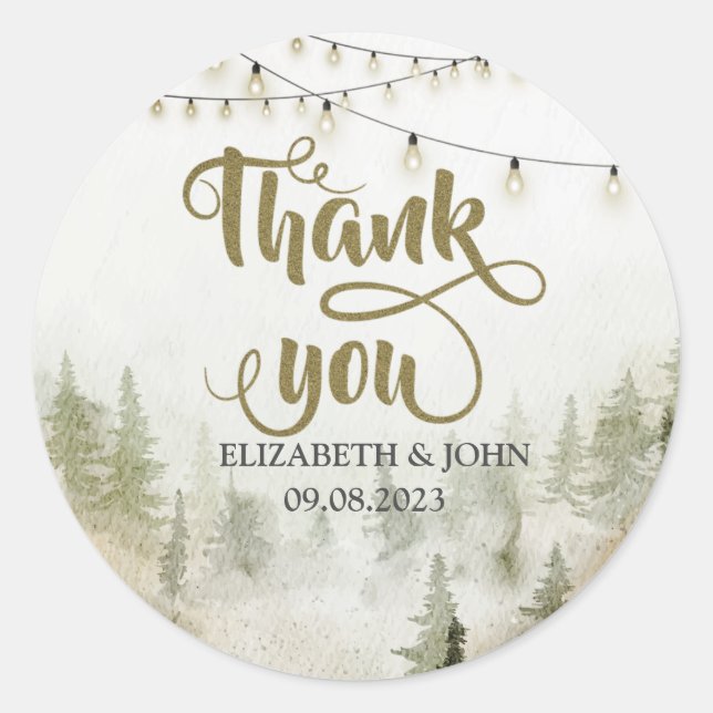 Adesivo Redondo Woodland,Forest,Pine Trees,String Lights Obrigado (Frente)