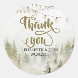 Adesivo Redondo Woodland,Forest,Pine Trees,String Lights Obrigado