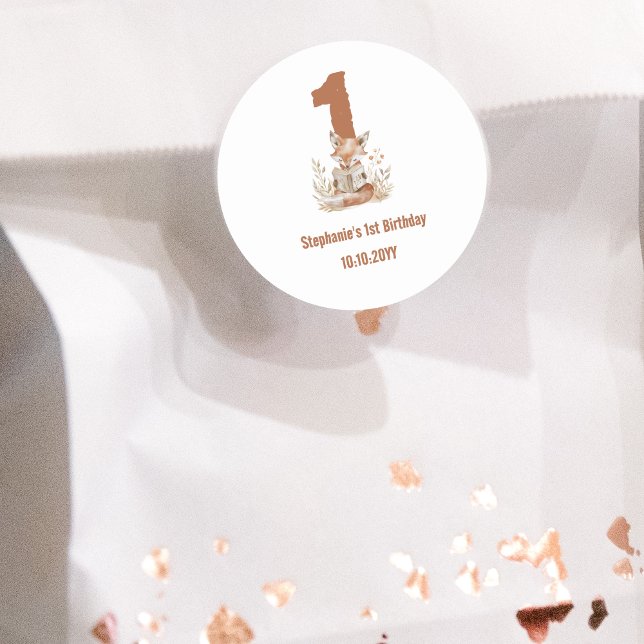 Adesivo Redondo Woodland Fox Lendo um primeiro aniversario de Livr (Criador carregado)