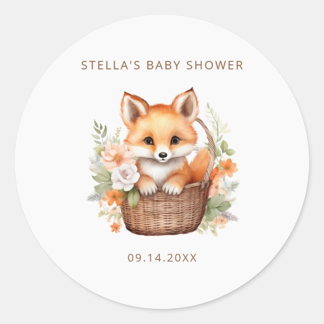 Adesivo Redondo Woodland Fox Watercolor Baby Shower Personalized (Frente)