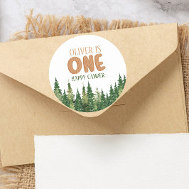 Adesivo Redondo Woodland Green Rustic Happy Camper First Birthday