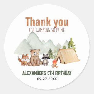 Adesivo Redondo Woodland Happy Camper Camper Camper Aniversário Ob