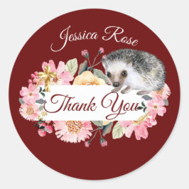 Adesivo Redondo Woodland Hedgehog Christening Baptism Burgundy