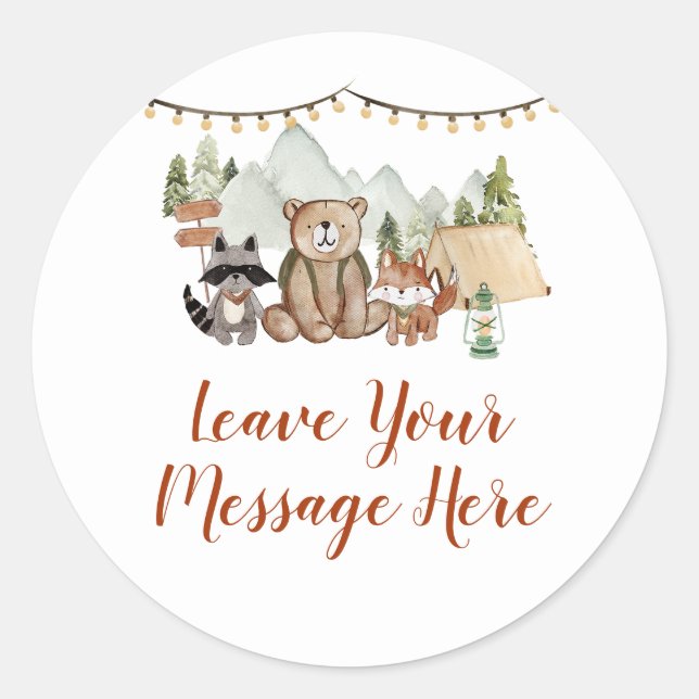 Adesivo Redondo Woodland One Happy Camper Aniversário Sua Mensagem (Frente)