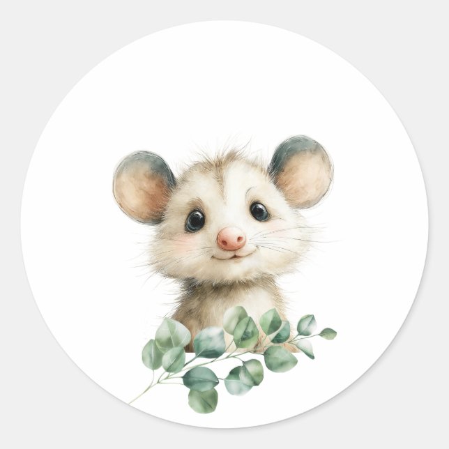 Adesivo Redondo Woodland Opossum Baby Shower • Neutral (Frente)