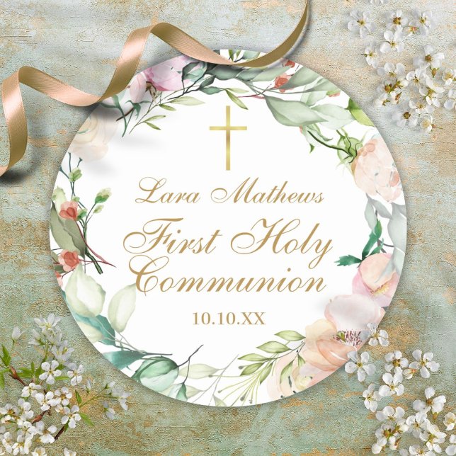Adesivo Redondo Woodland Rosa Garland Primeira Comunhão Santa (Woodland Rose Garland First Holy Communion Classic Round Sticker)