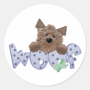 Adesivo Redondo Woof do cão de Yorkie (azul)