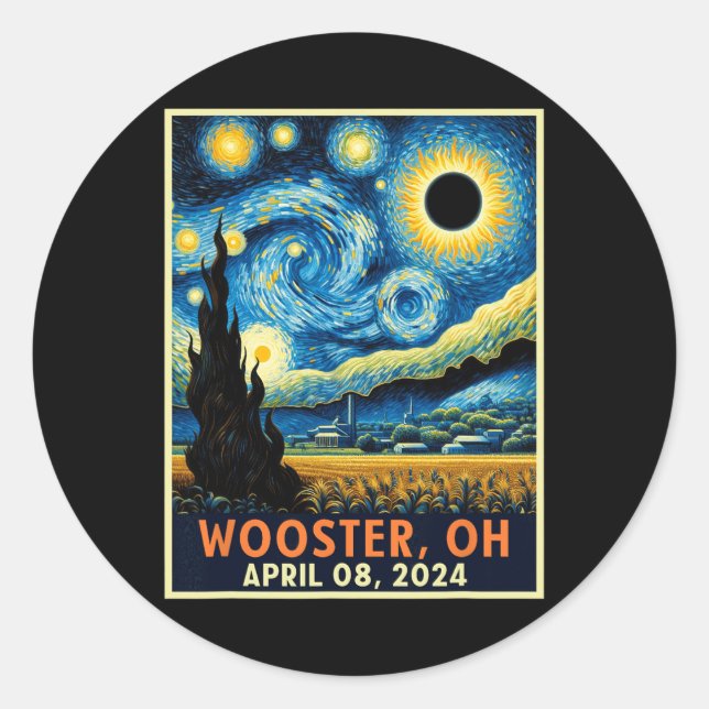 Adesivo Redondo Wooster Ohio Total Solar Eclipse 2024 Starry Night (Frente)
