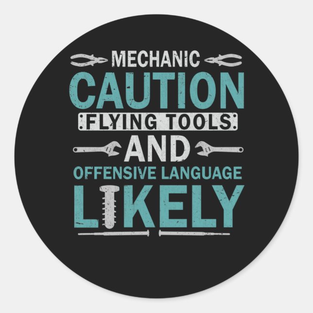 Adesivo Redondo Workshop de garagem mecânica sarcástica (Frente)