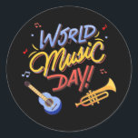 Adesivo Redondo World music day quote trumpet guitar<br><div class="desc">World music day quote trumpet guitar Gift. Perfect gift for your dad,  mom,  papa,  men,  women,  friend and family members on Thanksgiving Day,  Christmas Day,  Mothers Day,  Fathers Day,  4th of July,  1776 Independent day,  Veterans Day,  Halloween Day,  Patrick's Day</div>